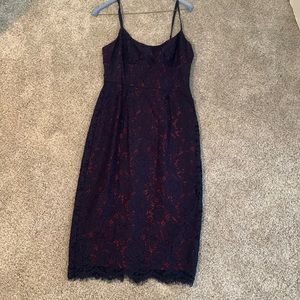BCBG midi dress lace overlay dress in red and navy